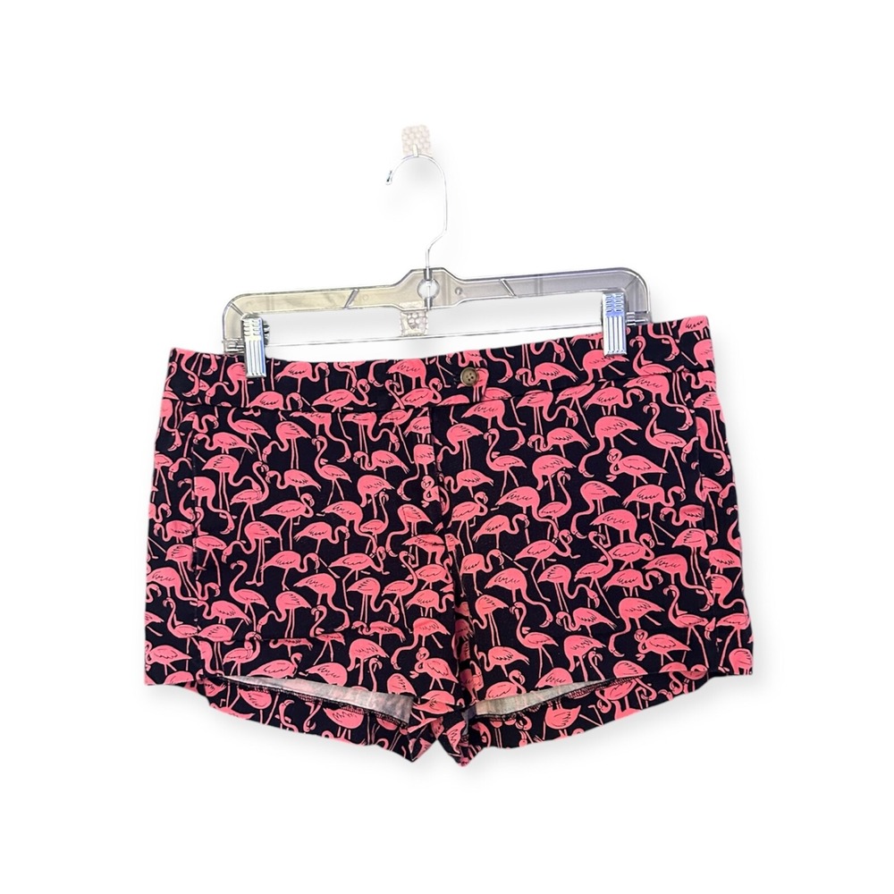 J CREW Flamingo Print Short Shorts, Women's Size 10 Navy Pink Booty Flat Front